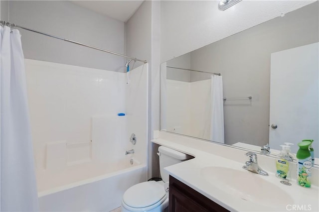 full bathroom with toilet, shower / bath combination with curtain, and vanity