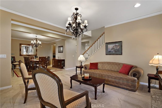 living area with a chandelier, light carpet, ornamental molding, and baseboards