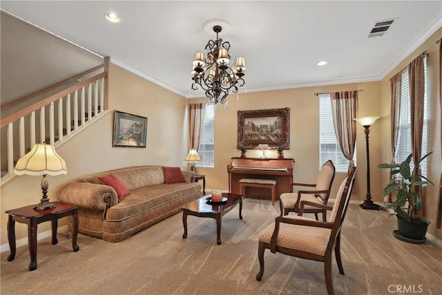 sitting room with carpet floors, baseboards, visible vents, and crown molding