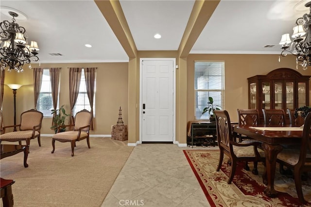 entryway with baseboards, ornamental molding, light tile patterned flooring, a chandelier, and recessed lighting