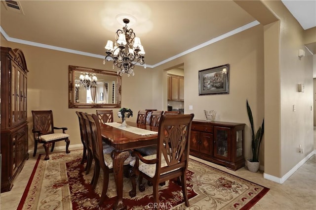 dining area featuring light tile patterned floors, baseboards, visible vents, ornamental molding, and a chandelier