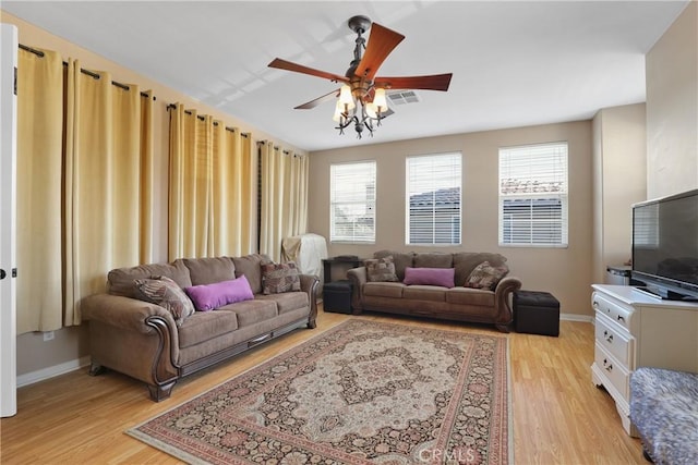 living area featuring light wood-type flooring, ceiling fan, visible vents, and baseboards