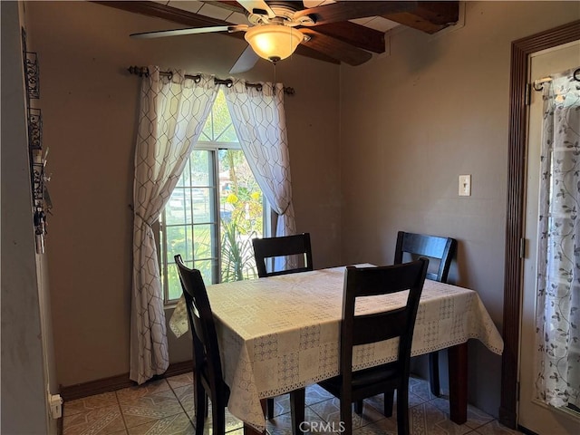 dining room with a ceiling fan and tile patterned floors