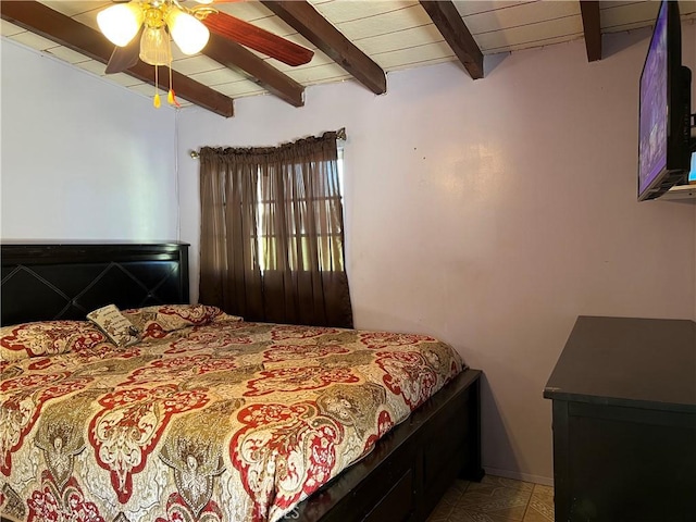 bedroom with wood ceiling, a ceiling fan, and beam ceiling