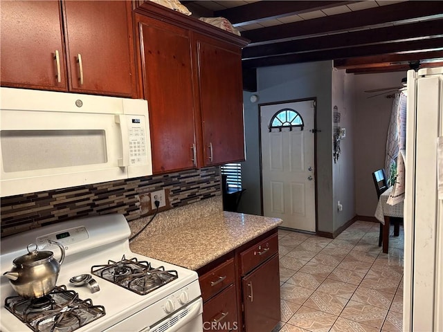 kitchen with white appliances, tasteful backsplash, baseboards, a ceiling fan, and beamed ceiling