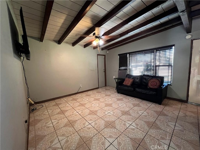 unfurnished living room with a ceiling fan, wood ceiling, vaulted ceiling with beams, and baseboards