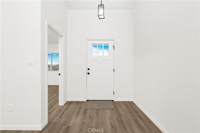 entrance foyer with baseboards and wood finished floors