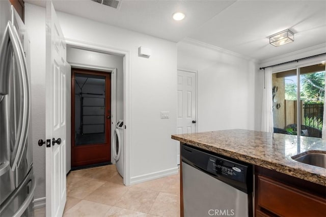 kitchen with light stone countertops, visible vents, light tile patterned flooring, recessed lighting, and stainless steel appliances