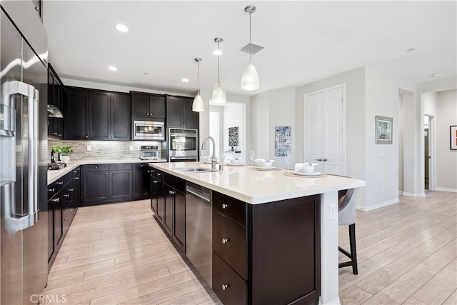 kitchen featuring stainless steel appliances, a breakfast bar, a sink, light wood-type flooring, and decorative backsplash