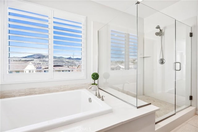 full bath featuring a garden tub, plenty of natural light, and a shower stall