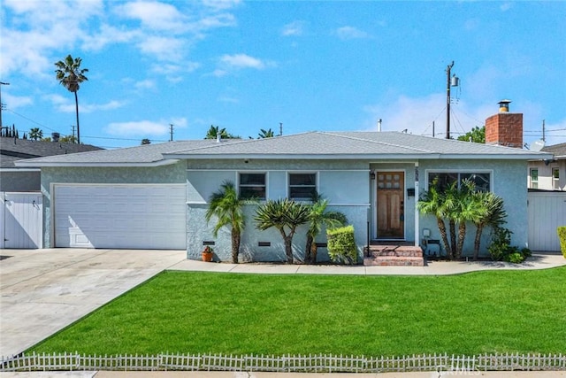 ranch-style house featuring a front lawn, fence, an attached garage, and stucco siding