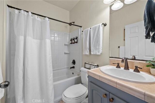 820 Arbula Dr, Crestline, CA 92325 - bathroom with toilet, vanity, and shower / bath combination with curtain