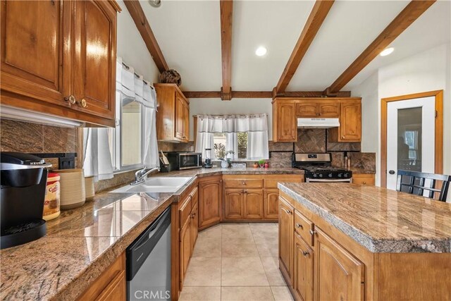 820 Arbula Dr, Crestline, CA 92325 - kitchen with beam ceiling, a sink, backsplash, under cabinet range hood, and appliances with stainless steel finishes