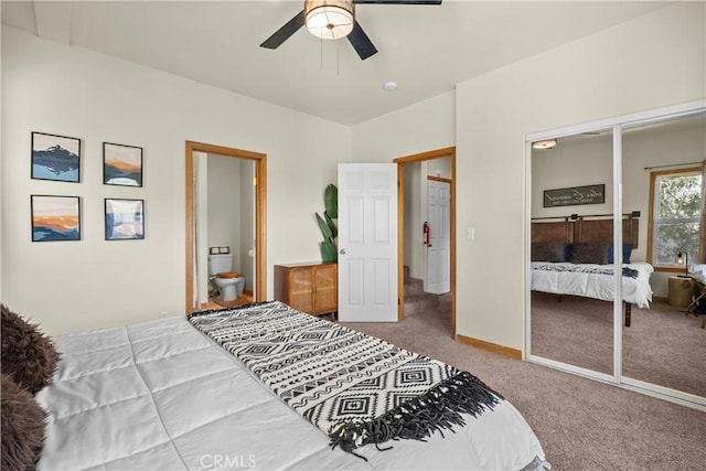 bedroom featuring ceiling fan, carpet, and baseboards