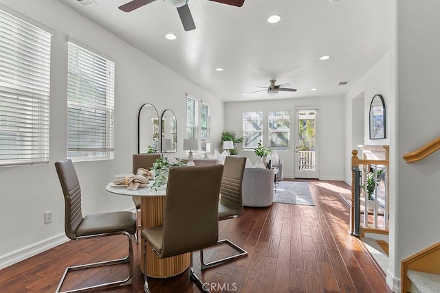 dining area with dark wood-type flooring, a wealth of natural light, and baseboards