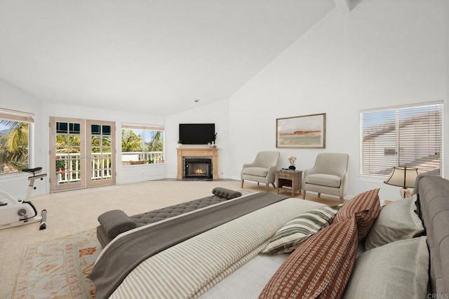 1367 Corona, Bonita, CA 91902 - bedroom with carpet, high vaulted ceiling, access to exterior, and a fireplace with flush hearth