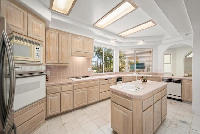 1367 Corona, Bonita, CA 91902 - kitchen with white appliances, light brown cabinets, tile countertops, and light marble finish flooring