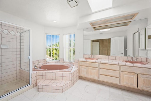 1367 Corona, Bonita, CA 91902 - full bath with a bath, double vanity, a stall shower, and marble look tiles