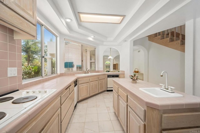 1367 Corona, Bonita, CA 91902 - kitchen with tile counters, white appliances, light brown cabinets, and arched walkways