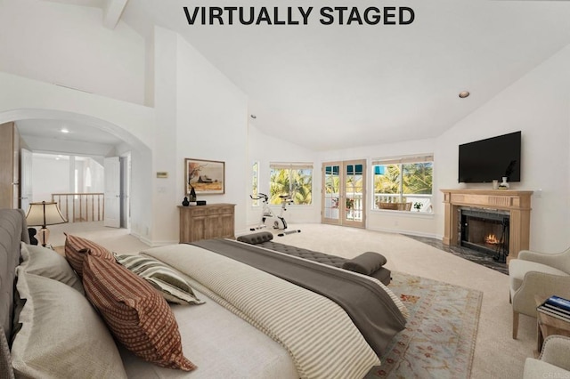 1367 Corona, Bonita, CA 91902 - bedroom with carpet flooring, arched walkways, high vaulted ceiling, a fireplace with flush hearth, and recessed lighting