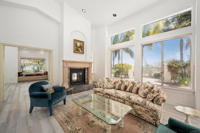 1367 Corona, Bonita, CA 91902 - living area featuring a fireplace, wood finished floors, a towering ceiling, and recessed lighting