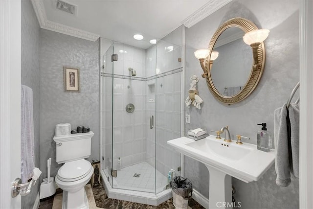 full bathroom with visible vents, ornamental molding, a stall shower, and toilet