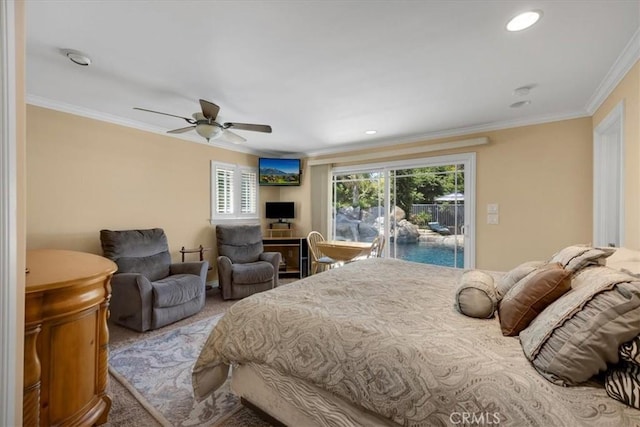 carpeted bedroom featuring access to outside, ornamental molding, a ceiling fan, and recessed lighting