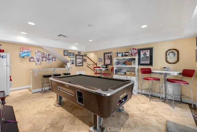 playroom featuring recessed lighting, pool table, and visible vents