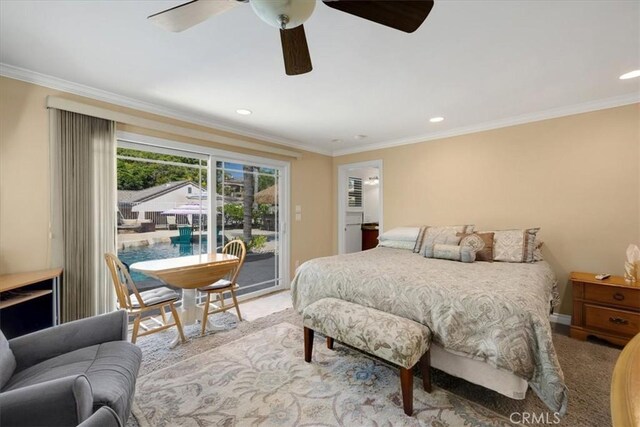 bedroom with access to outside, recessed lighting, and ornamental molding