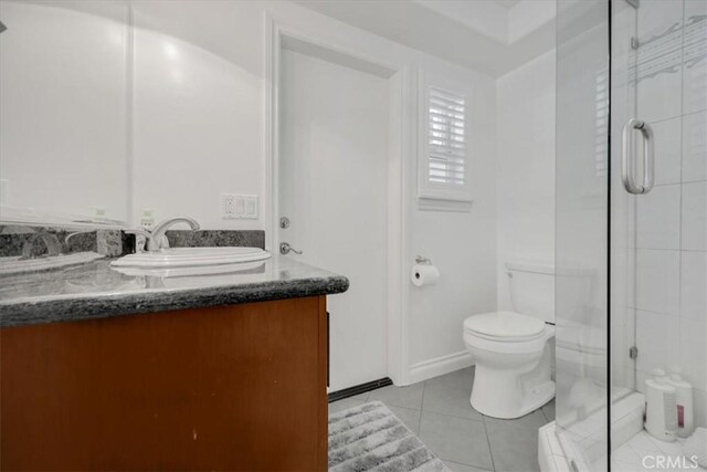 full bathroom with vanity, tile patterned floors, a shower stall, and toilet