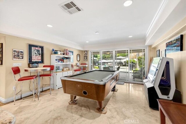 rec room with recessed lighting, baseboards, billiards, visible vents, and ornamental molding