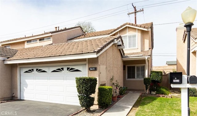 townhome / multi-family property featuring stucco siding, concrete driveway, an attached garage, and a tile roof