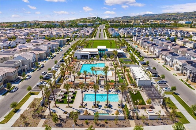 aerial view featuring a residential view and a mountain view