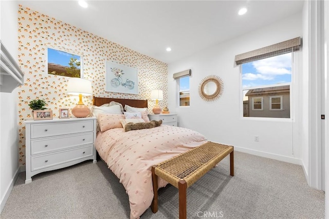 bedroom featuring recessed lighting, carpet, baseboards, and wallpapered walls