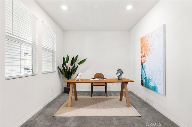 office featuring carpet floors, recessed lighting, and baseboards