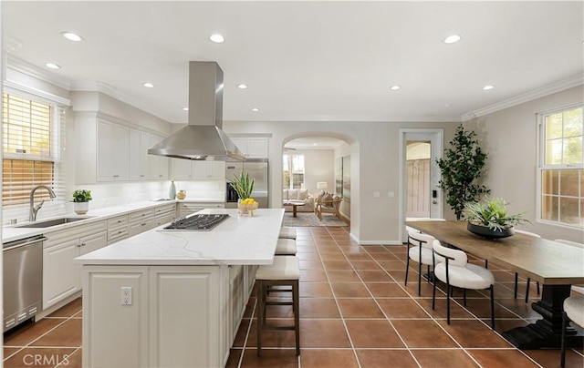 kitchen featuring a sink, island range hood, appliances with stainless steel finishes, arched walkways, and a center island