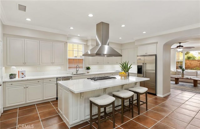 kitchen featuring island exhaust hood, appliances with stainless steel finishes, a sink, a ceiling fan, and a center island