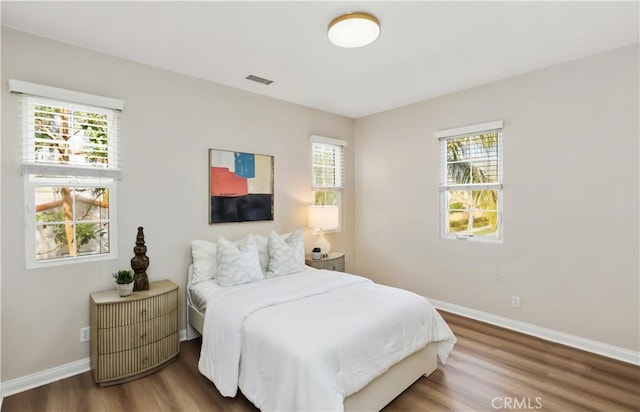 bedroom featuring multiple windows, wood finished floors, and baseboards