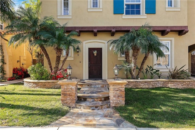 view of exterior entry with a lawn and stucco siding