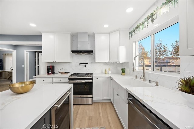 kitchen with stainless steel appliances, a sink, white cabinets, wall chimney range hood, and decorative backsplash