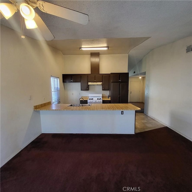 kitchen with white gas stove, dark brown cabinetry, a peninsula, a sink, and light countertops