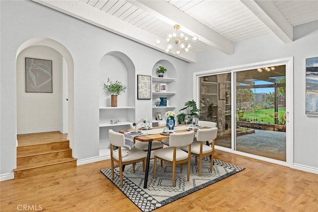 dining area featuring light wood-style floors, wood ceiling, and a notable chandelier