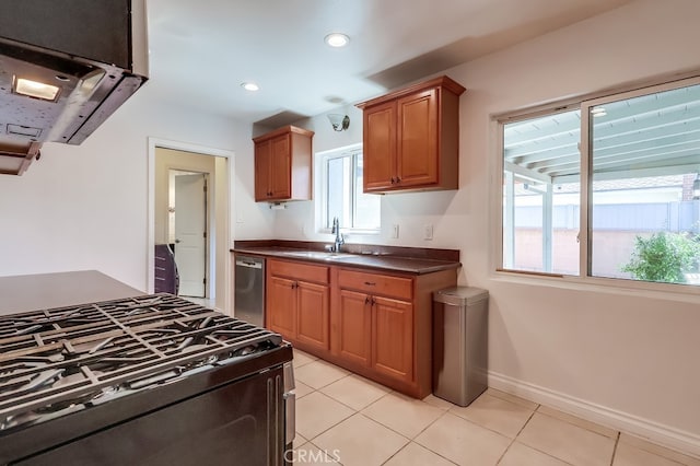 kitchen with dark countertops, stainless steel dishwasher, black range with gas stovetop, a healthy amount of sunlight, and a sink