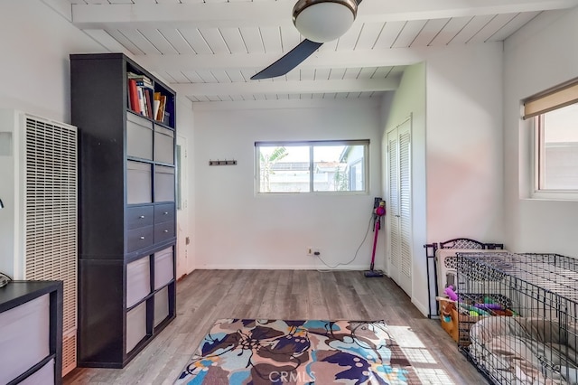 bedroom featuring multiple windows, light wood-type flooring, a closet, and beam ceiling