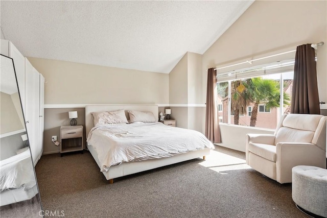 bedroom featuring lofted ceiling, a textured ceiling, and carpet