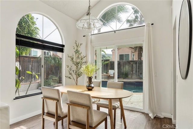 dining space with lofted ceiling, a chandelier, wood finished floors, and baseboards