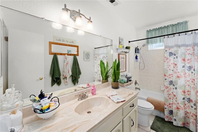 bathroom featuring visible vents, shower / bathtub combination with curtain, toilet, vanity, and tile patterned floors