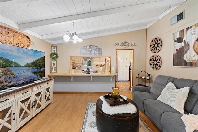 living room with lofted ceiling with beams, wood ceiling, light wood-style floors, visible vents, and an inviting chandelier