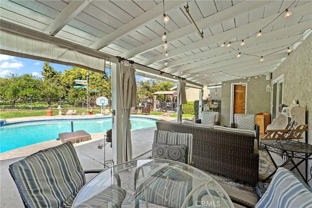 view of pool with a fenced in pool, outdoor dining space, a patio, and fence