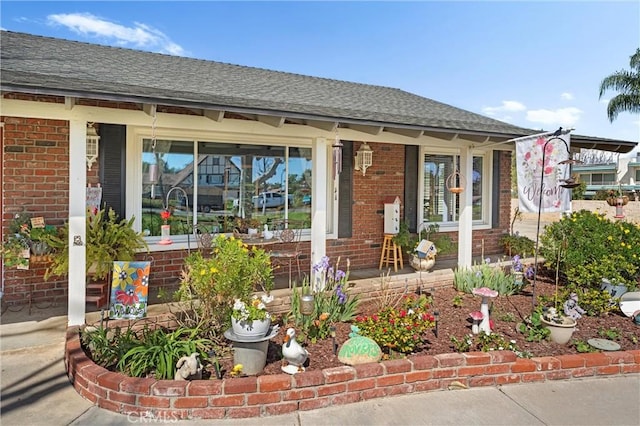 view of front of property with brick siding, a porch, and a shingled roof